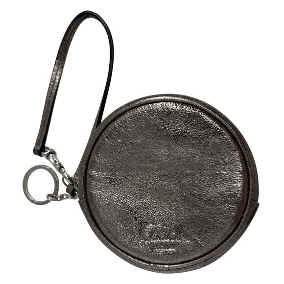 Coach Round Leather Coin Purse Wristlet Silver Metallic Designer - Picture 4 of 9